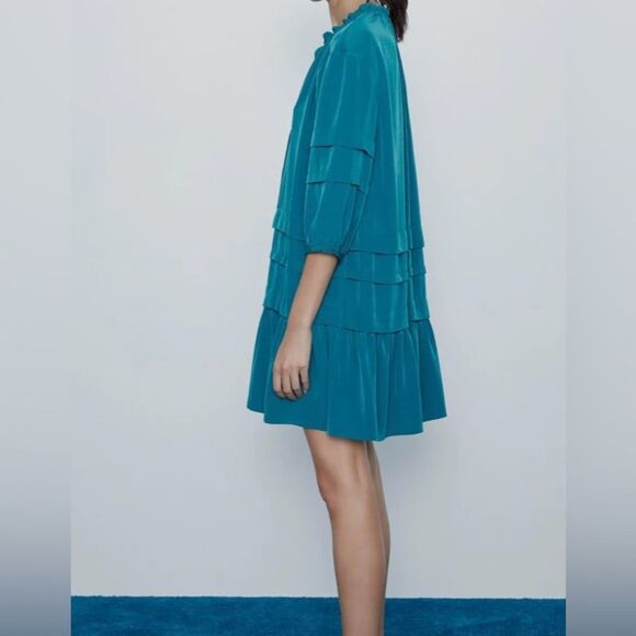 Zara 3/4 sleeve ruffled hem duck blue mini dress - Picture 5 of 10